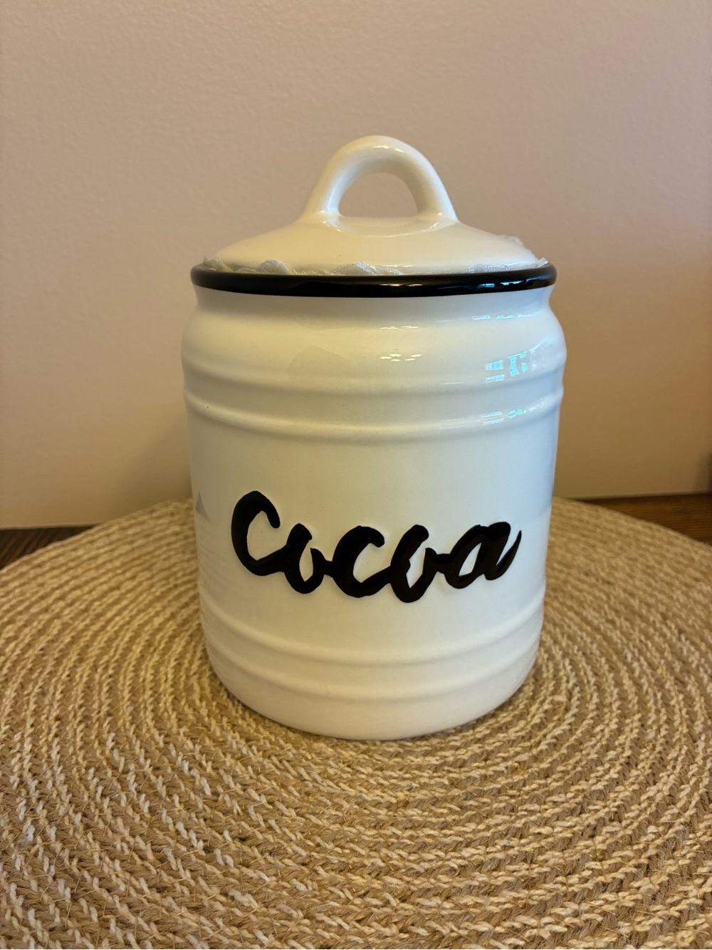Hobby Lobby White Ceramic 'Cocoa' Canister with Black Script